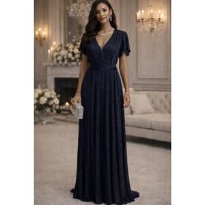 Women’s Size 10 Halston Metallic Jersey Gown Evening Dress Navy NWT